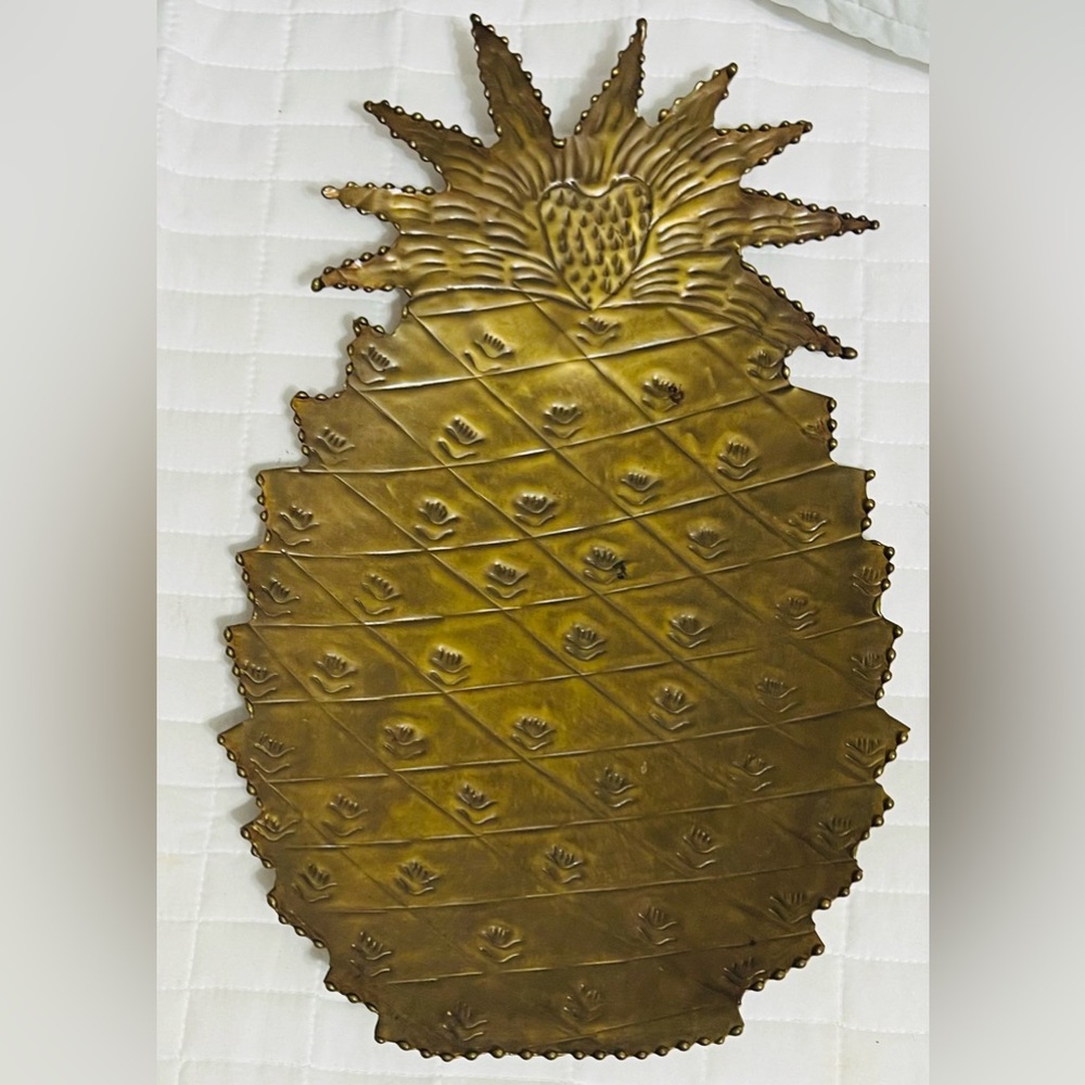 Vintage gold lacquered footed metal pineapple tray with tropical charm